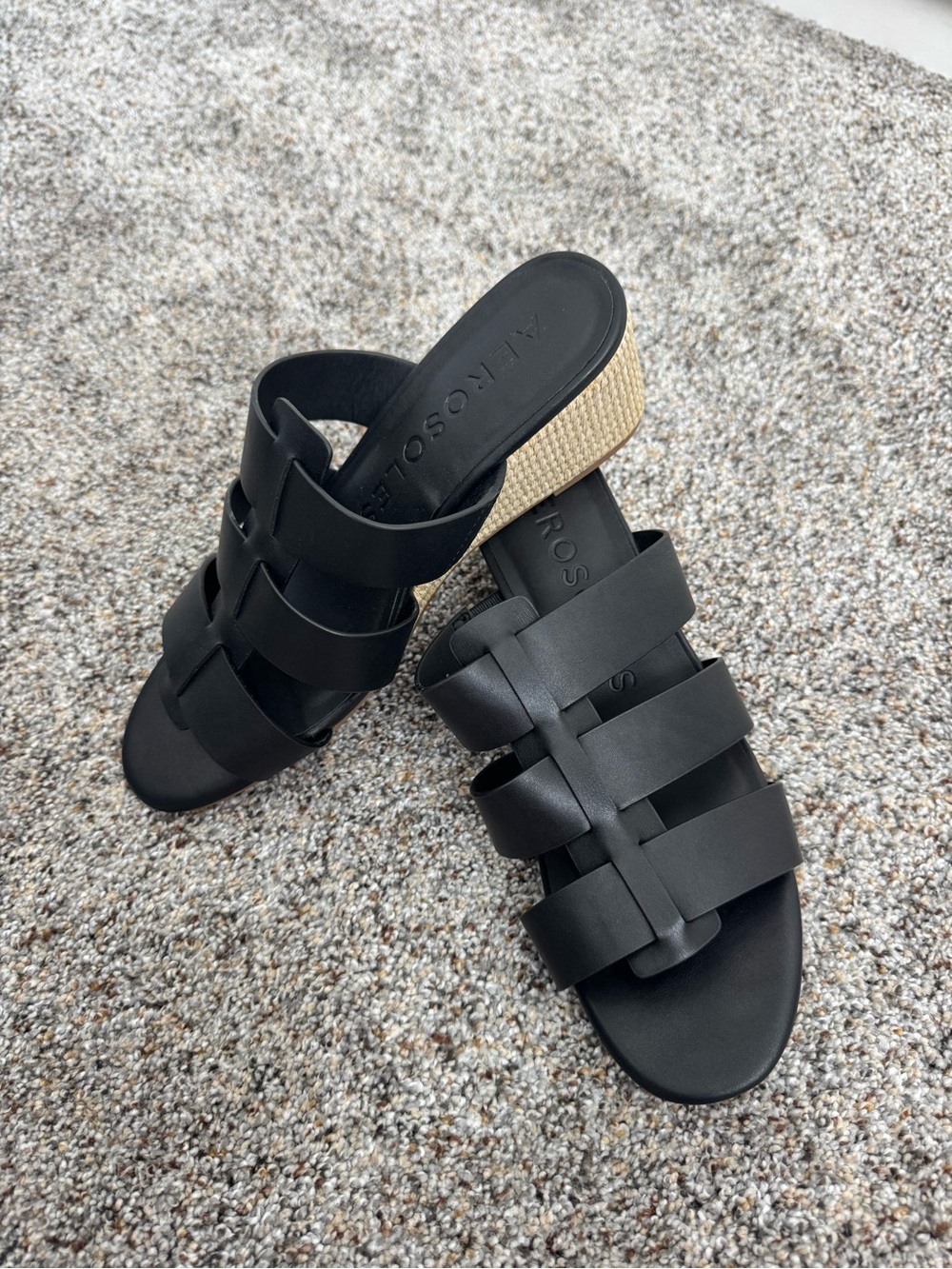 AEROSOLES Black Woven Strap Wedge Slide Sandals